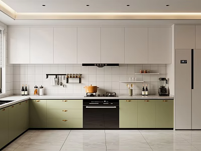 Modern Kitchen Interior Design With White Cabinets Green Drawers And Black Appliances 3d model