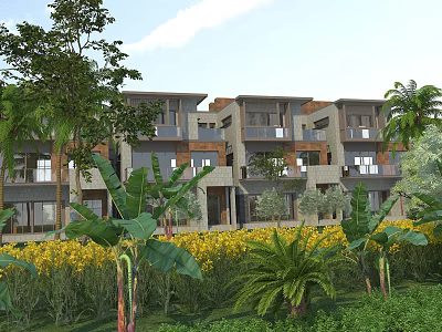 Modern Apartment Building Surrounded By Palm Trees Banana Plants And Yellow Flowers 3d model