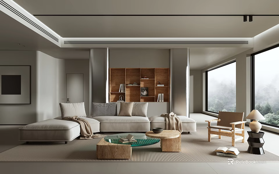 Modern Living Room Interior With Light Gray Sofa Wooden Bookshelf Large Window And Coffee Table 3d model 