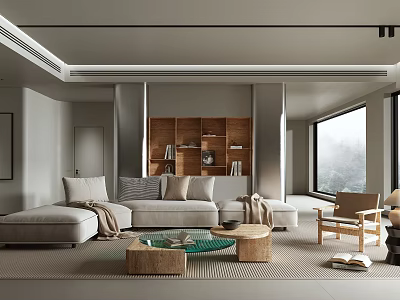Modern Living Room Interior With Light Gray Sofa Wooden Bookshelf Large Window And Coffee Table 3d model