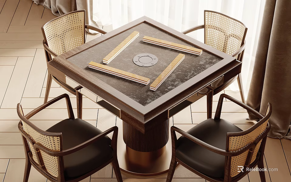 Modern Square Entertainment Table with Black Tabletop Gold Accents and Four Woven Rattan Leather Chairs 3d model 