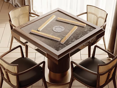 Modern Square Entertainment Table with Black Tabletop Gold Accents and Four Woven Rattan Leather Chairs 3d model