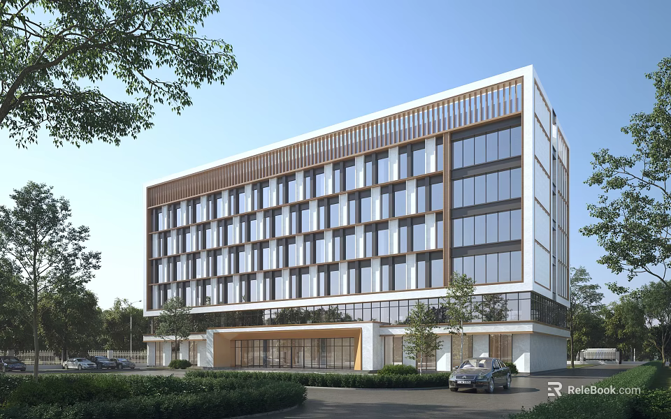 Modern Office Building Featuring Large Glass Windows Wooden Strips Landscaped Greenery And Parked Cars 3d model 