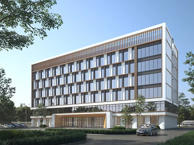 Modern Office Building Featuring Large Glass Windows Wooden Strips Landscaped Greenery And Parked Cars 3d model