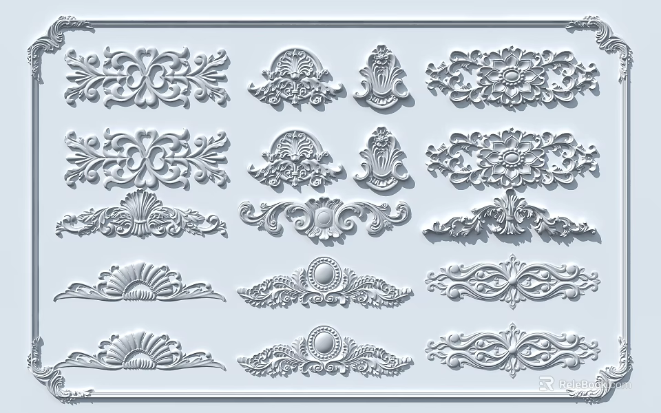 Ornate Decorative Carvings With Floral Scrollwork Shell Motifs And Diverse Patterns 3d model 