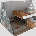 A Frame House Interior with Open Layout Kitchen Dining Area Fireplace and Windows