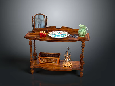 Wooden Console Table With Mirror Decorative Plate Green Pitcher Wicker Basket And Carved Legs 3d model