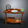 Wooden Console Table With Mirror Decorative Plate Green Pitcher Wicker Basket And Carved Legs