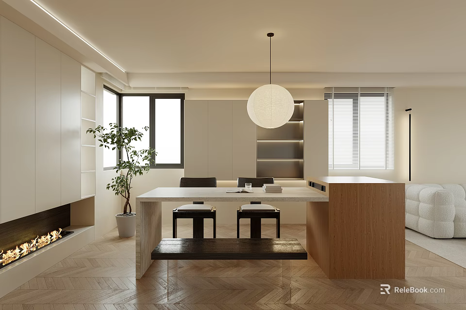Modern Living And Dining Room Interior Design With Dining Table Sofa Pendant Light And Fireplace 3d model 