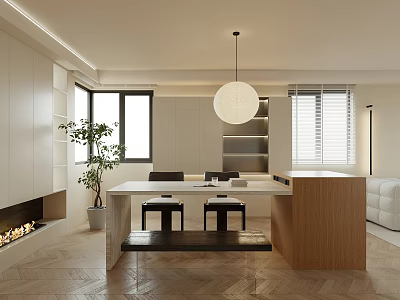 Modern Living And Dining Room Interior Design With Dining Table Sofa Pendant Light And Fireplace 3d model
