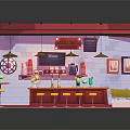 Cartoon Cafe Interior Scene With Counter Yellow Stools Tables Framed Pictures And Pink Checkered Floor