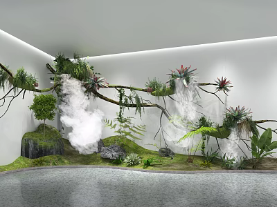 Indoor Garden Ornament with Waterfall Branches Green Plants Moss Rocks and Mist 3d model