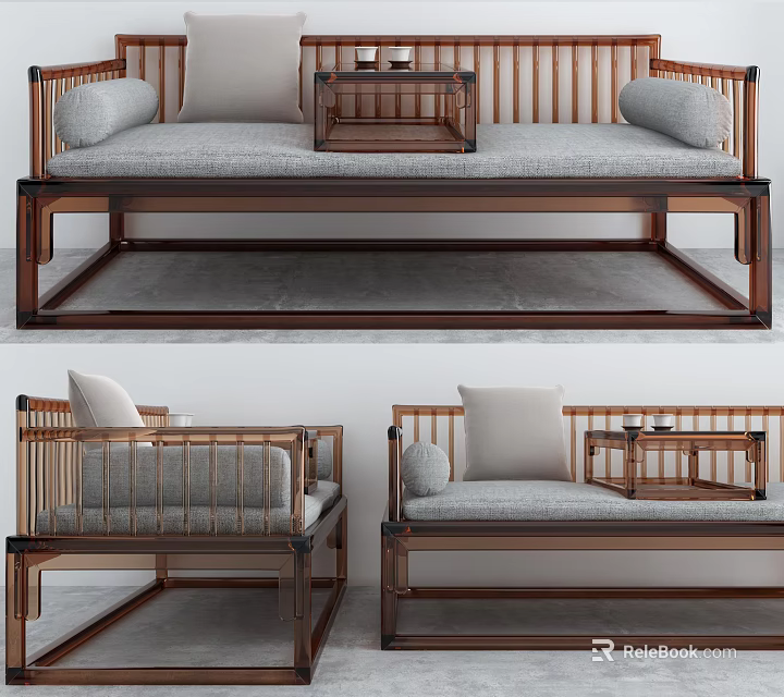 Traditional Chinese Daybed With Solid Wood Frame Side Table And Gray Cushions 3d model 