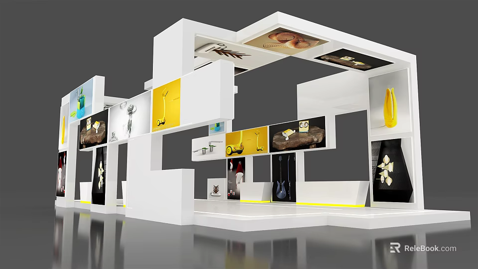 Modern Exhibition Booth Design With White Yellow Structure And Display Areas 3d model 