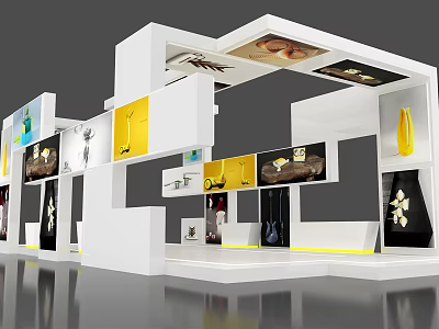 Modern Exhibition Booth Design With White Yellow Structure And Display Areas 3d model