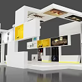 Modern Exhibition Booth Design With White Yellow Structure And Display Areas
