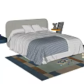 Comfortable Kids Bed With Upholstered Headboard Striped Polka Dot Bedspread Colorful Patchwork Rug And Building Blocks