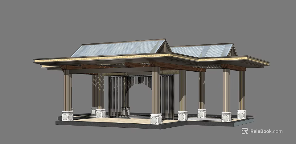 Modern Landscape Pavilion With Metal Roof Arched Doorway Columns And Base Platform 3d model 