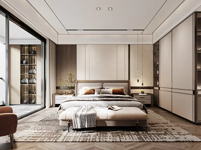 Modern Bedroom Interior With Platform Bed Bench Patterned Rug Built In Wardrobes And Pendant Light 3d model