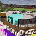 Vibrant Modern Shipping Container Commercial Complex With Reflective Ground And Trees