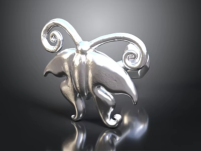 Silver Metal Butterfly Ornament With Spiral Antennae And Curved Wings On Reflective Black Surface 3d model
