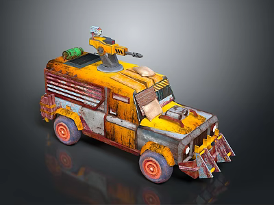 Rusty Modified Vehicle Yellow And Gray With Turret On Top Orange Wheels Post Apocalyptic Style 3d model