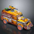Rusty Modified Vehicle Yellow And Gray With Turret On Top Orange Wheels Post Apocalyptic Style