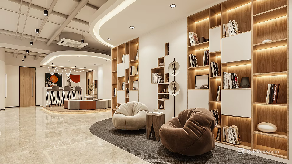 Book Art Themed Modern Interior With Stylish Bookshelves And Cozy Armchairs 3d model 