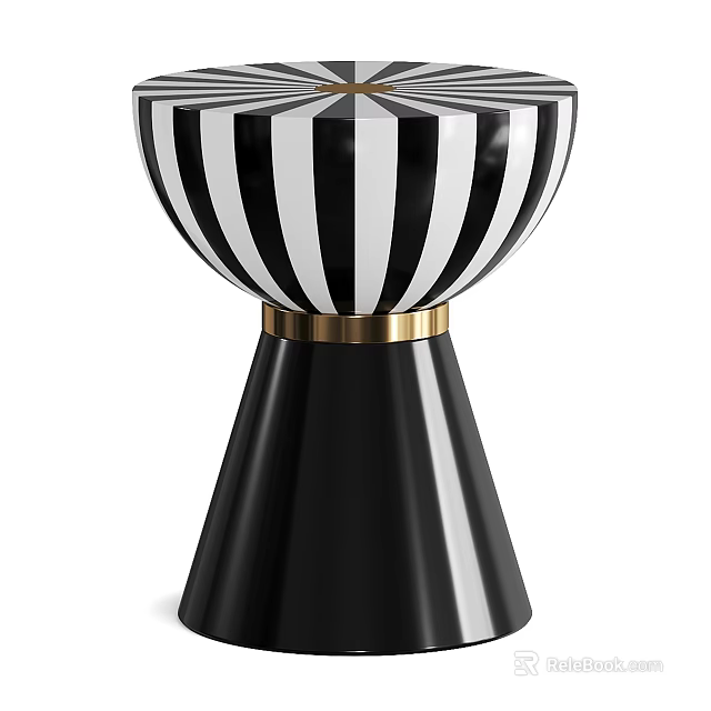 Chic Black And White Striped Side Table With Gold Trim Cone Shaped Base 3d model 