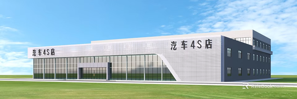 Aerial Planning of Modern Automobile 4S Store with Glass Facade and Green Lawn 3d model 