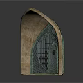 Arched Stone Building Window With Intricate Metal Grid And Circular Design