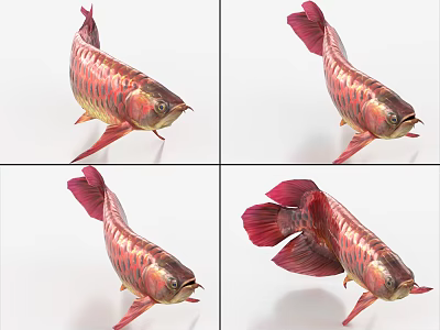 Vibrant Red And Gold Arowana Fish With Red Fins In Various Dynamic Poses 3d model