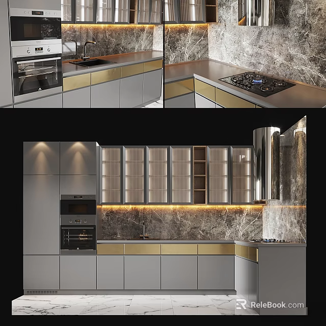 Elegant Modern Kitchen With Stylish Cabinets Marble Countertop Gold Accents And Appliances 3d model 