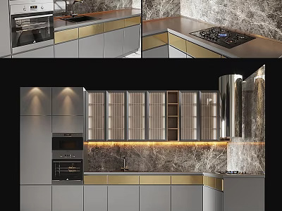 Elegant Modern Kitchen With Stylish Cabinets Marble Countertop Gold Accents And Appliances 3d model