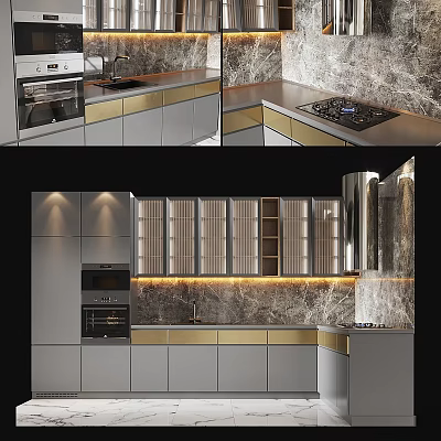 Elegant Modern Kitchen With Stylish Cabinets Marble Countertop Gold Accents And Appliances 3d model