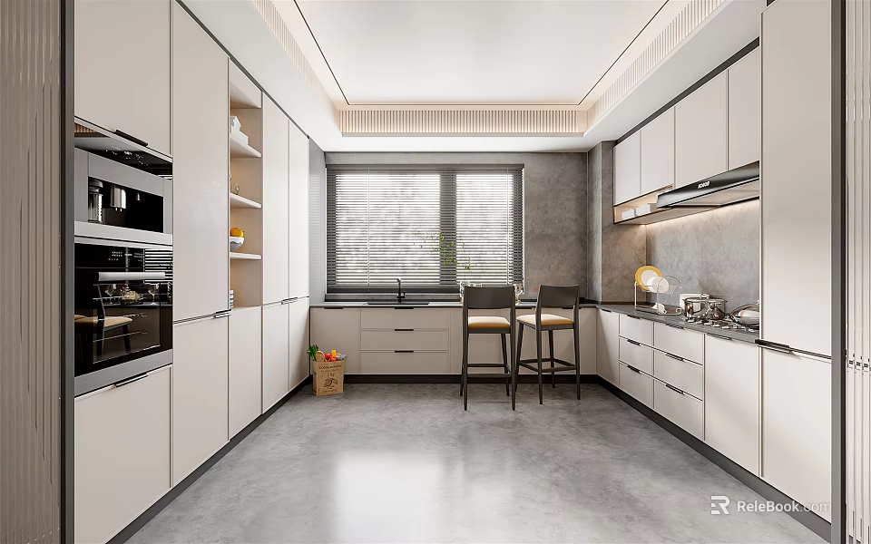Modern Kitchen Interior With White Cabinets Island Counter Window And Gray Flooring 3d model 