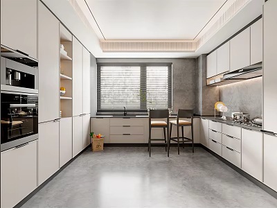 Modern Kitchen Interior With White Cabinets Island Counter Window And Gray Flooring 3d model