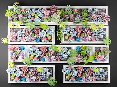 Modern Decorative Living Plant Wall With Succulents Colorful Flowers And Green Leaves In White Frames 3d model
