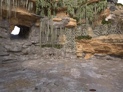 Cave Interior With Rock Formations Stalactites Hanging Plants And Stone Floor 3d model