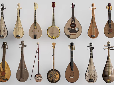 Artistic Wooden String Musical Instruments Collection With Lute Banjo And Mandolin Designs 3d model