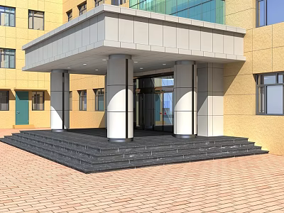 Modern Building Main Entrance Gate With Stone Steps White Columns And Canopy 3d model