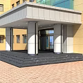 Modern Building Main Entrance Gate With Stone Steps White Columns And Canopy