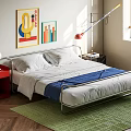 Bedroom Interior With Metal Frame Bed White Pillows Blue Blanket Red Nightstand And Green Rug