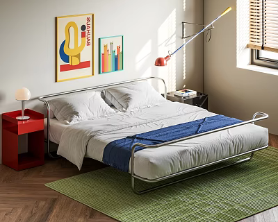 Bedroom Interior With Metal Frame Bed White Pillows Blue Blanket Red Nightstand And Green Rug 3d model