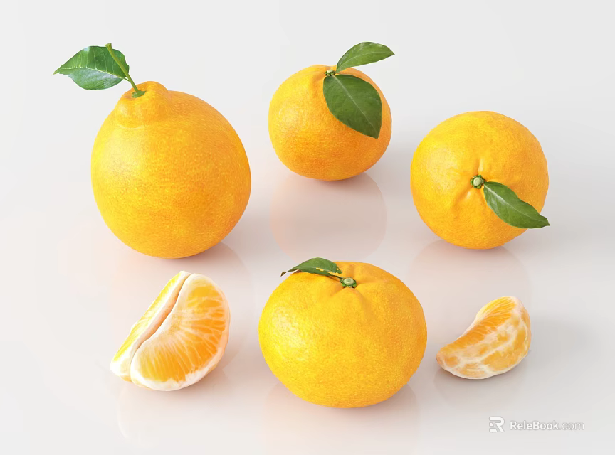 Fresh Ripe Oranges With Green Leaves Whole And Sliced On White Background 3d model 