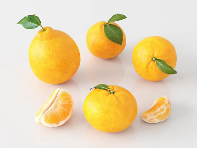 Fresh Ripe Oranges With Green Leaves Whole And Sliced On White Background 3d model