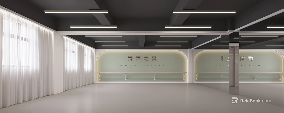 Spacious Dance Studio For Fitness With Barre And Curtains 3d model 