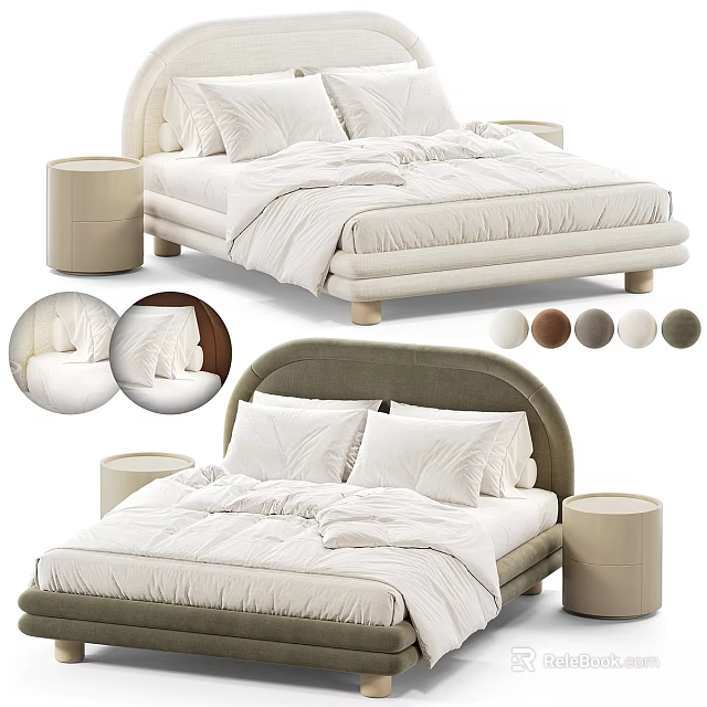 Upholstered Double Bed With Curved Headboard Matching Nightstands And Color Options 3d model 