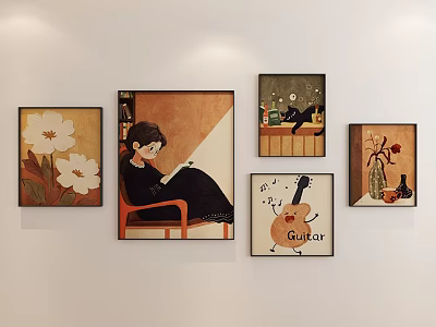 Stylish Wall Art Decor With Floral Reading Figure Guitar And Vase Paintings 3d model