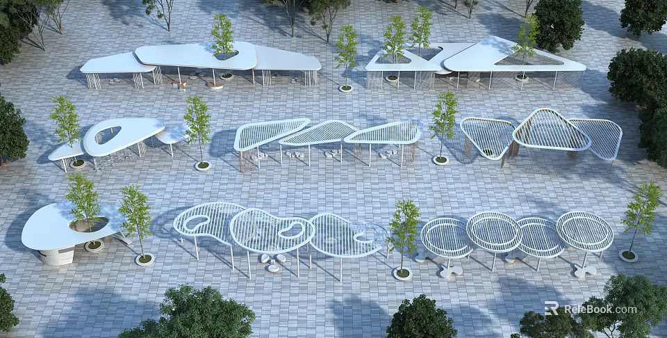 Modern Openwork Pergolas With Geometric Shapes On Paved Ground And Small Trees 3d model